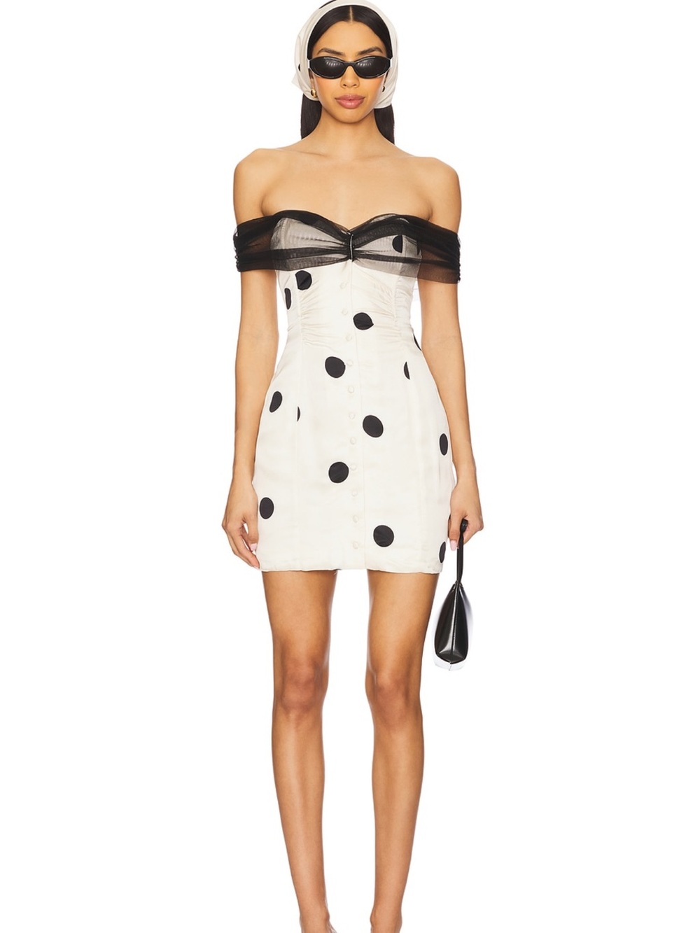 Dorothy dot mini dress Off-Shoulder White Polka Dot with Black Mesh Trim